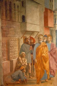 Мазаччо. Апостол Петр, исцеляющий больных своей тенью. Фреска в капелле Бракаччи. Флоренция